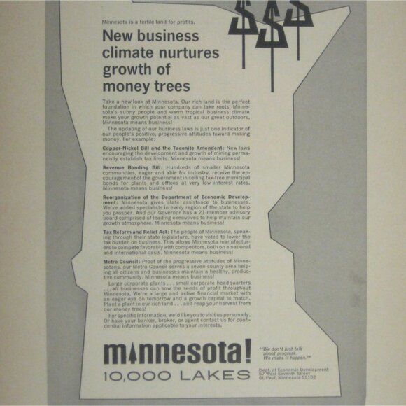 Minnesota 10000 Lakes Promotional Money in Trees Advertising Print Vintage 1967 - Picture 2 of 2